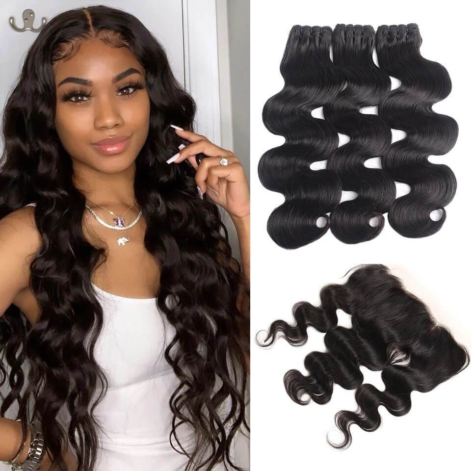 15A Mink Hair Double Drawn Raw Virgin Human Hair Weaves Body Wave 3 Bundles with  Frontal Closure