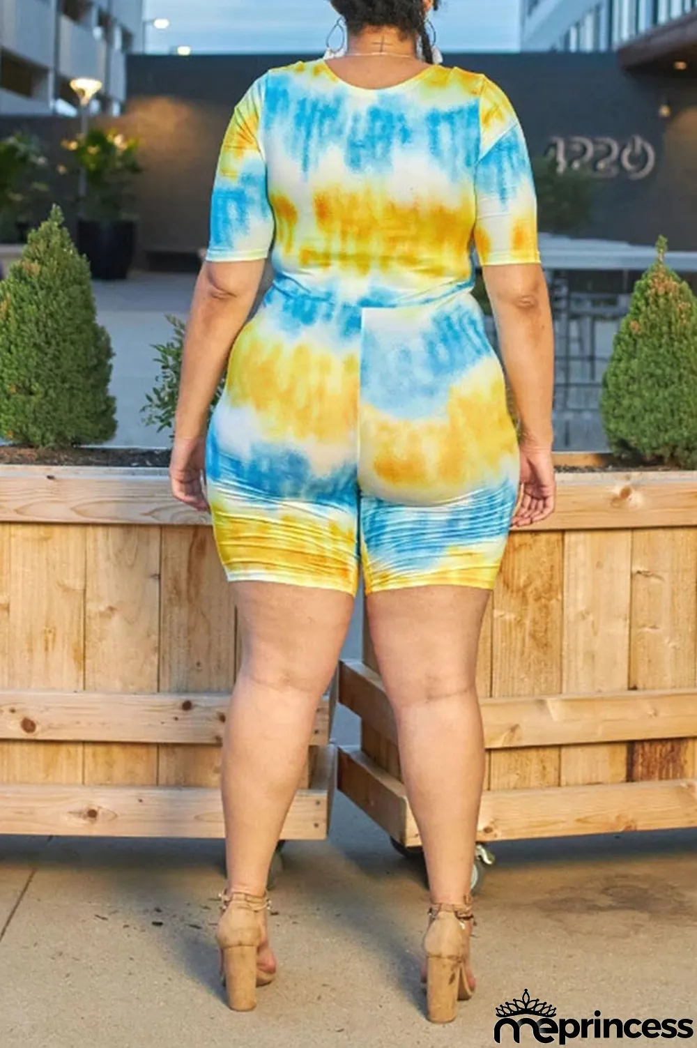 Yellow and blue Cotton England O Neck Print Tie Dye Pattern Plus Size