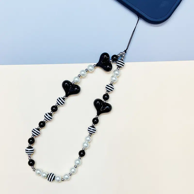 Black Heart Stripe Beads Phone Charm