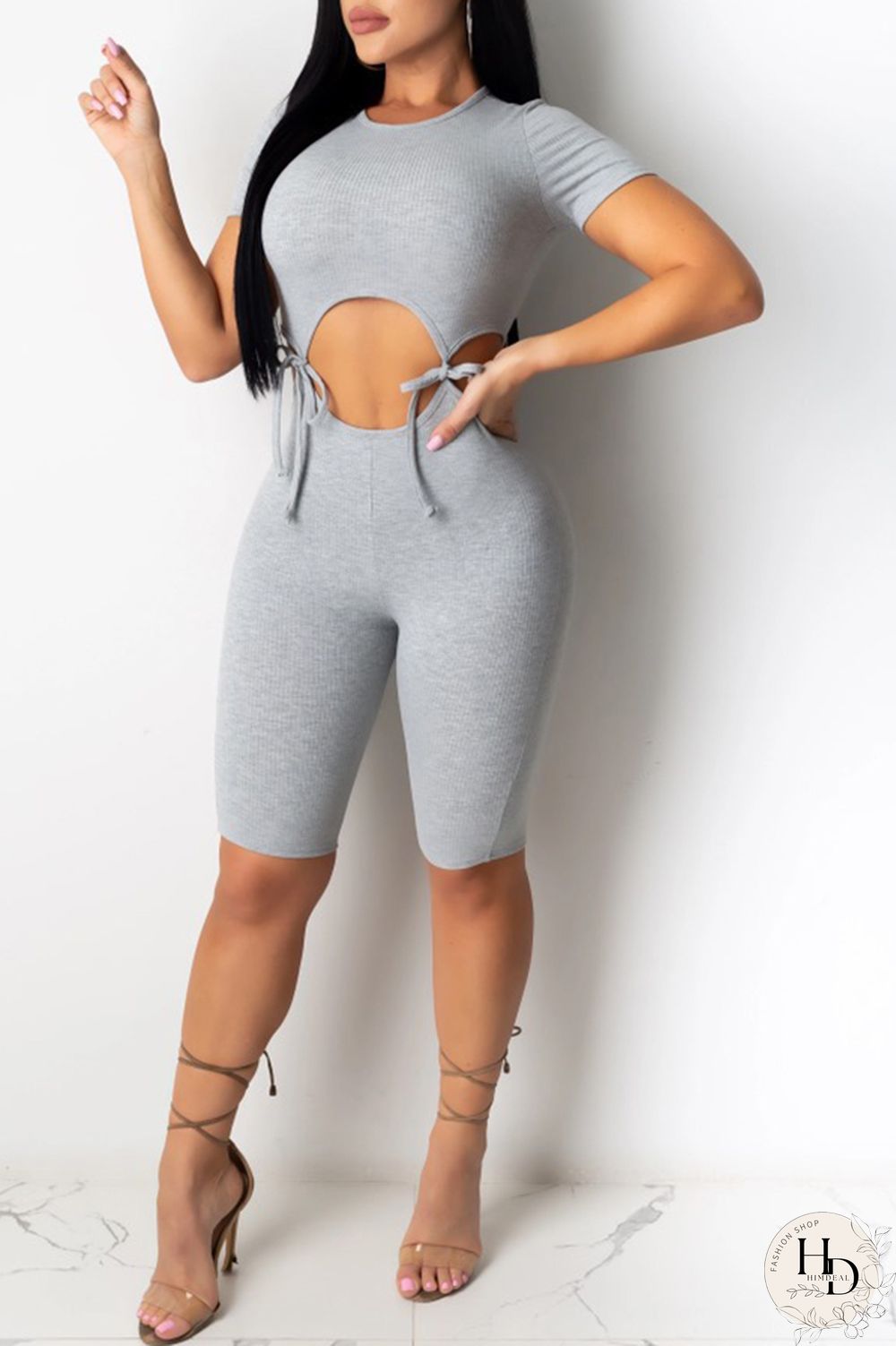 Black Fashion Sexy Patchwork bandage Hollow Solid Polyester Short Sleeve O Neck Jumpsuits