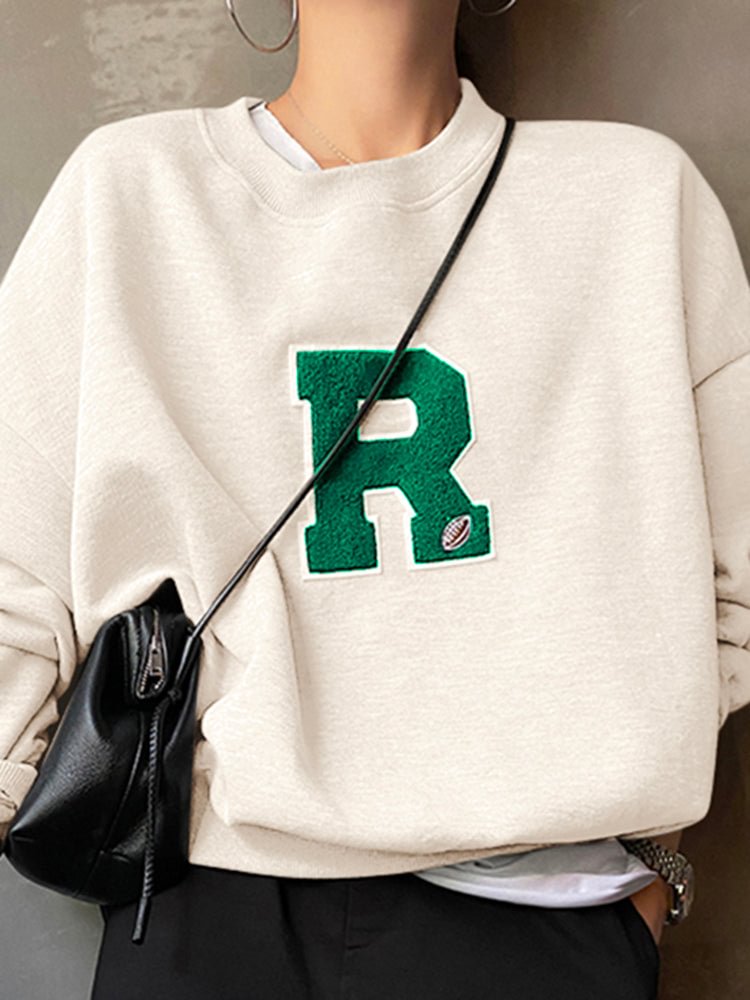 Solid color, letter embroidery, round neck, shoulder drop, long sleeves, women's sweater QueenFunky