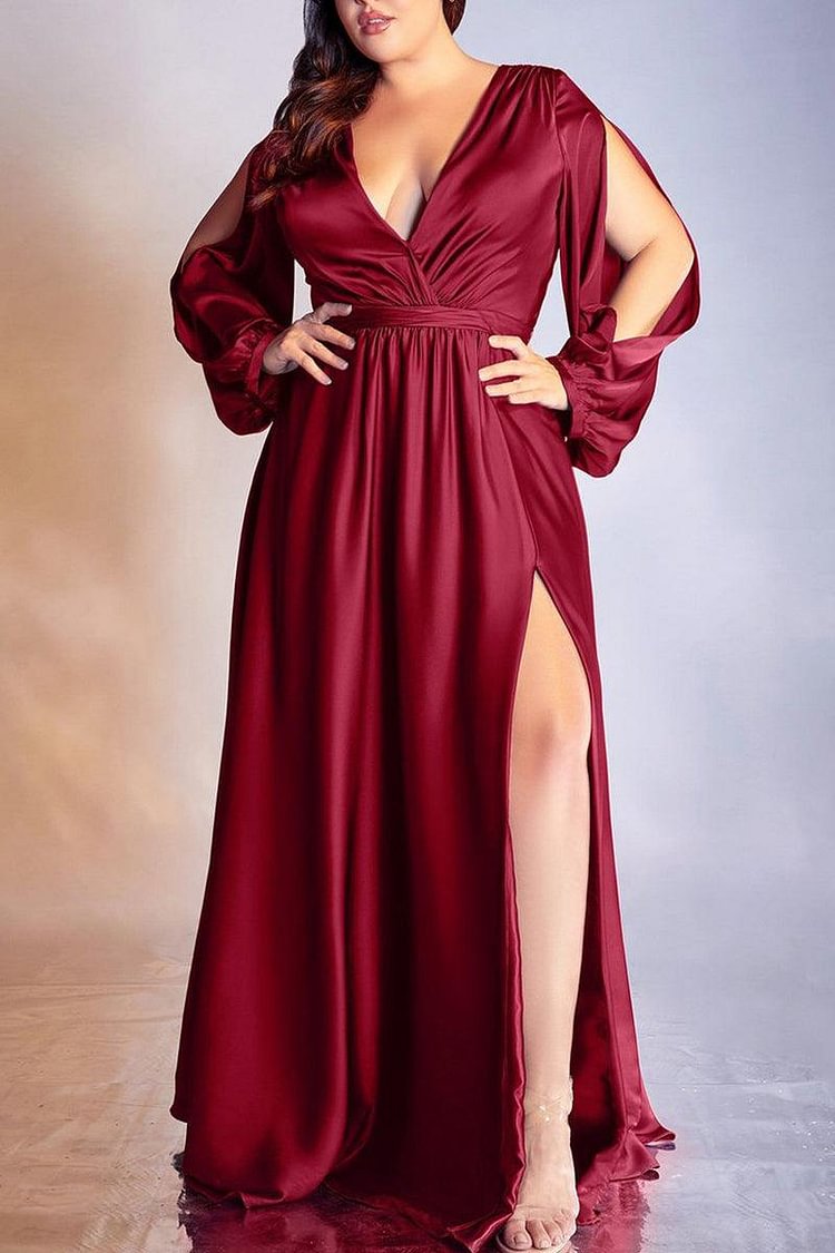 Xpluswear Plus Size Formal Red Long Sleeve Satin V-Neck Maxi Dress