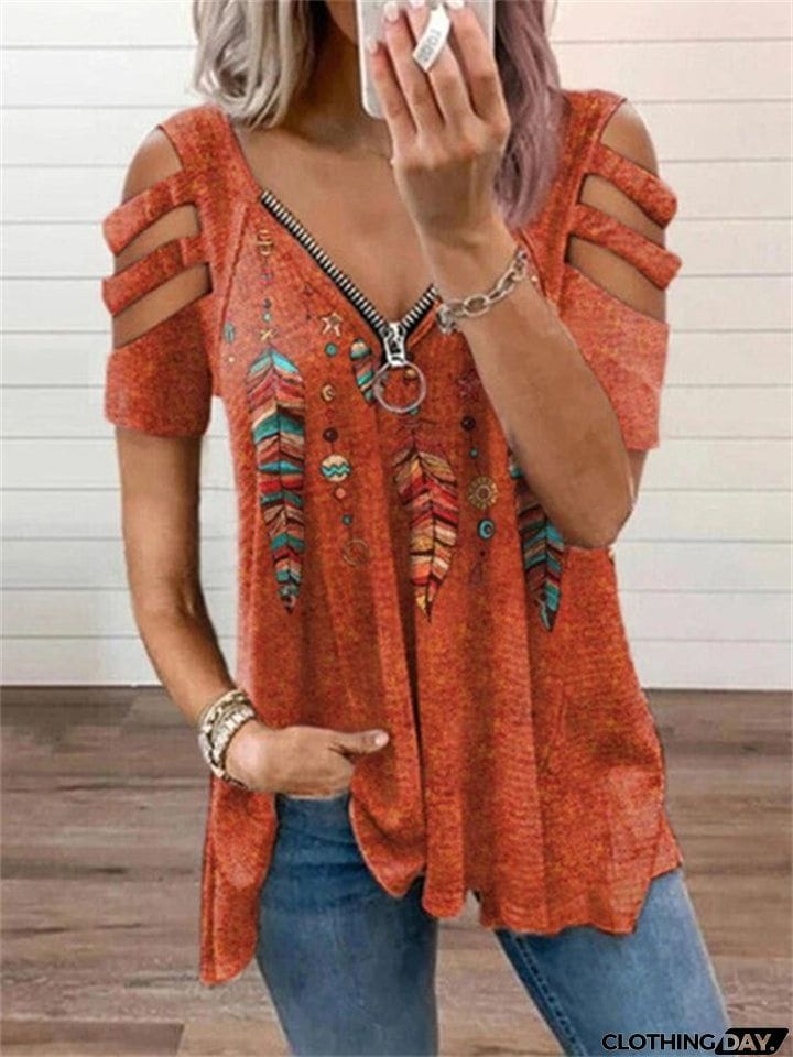 Special V-Neck Zipper Feather Print Short Sleeve T-Shirt