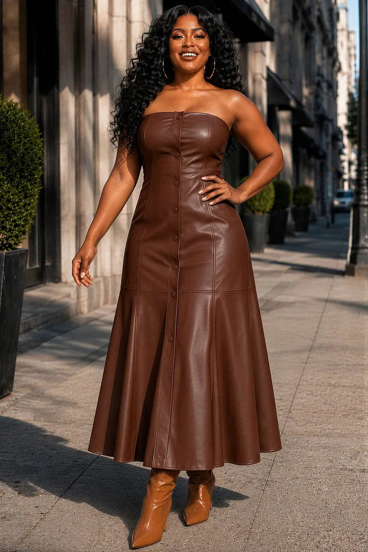Xpluswear Design Plus Size Daily Brown Strapless PU Leather Maxi Dresses [Pre-Order] 2024 - Xpluswear