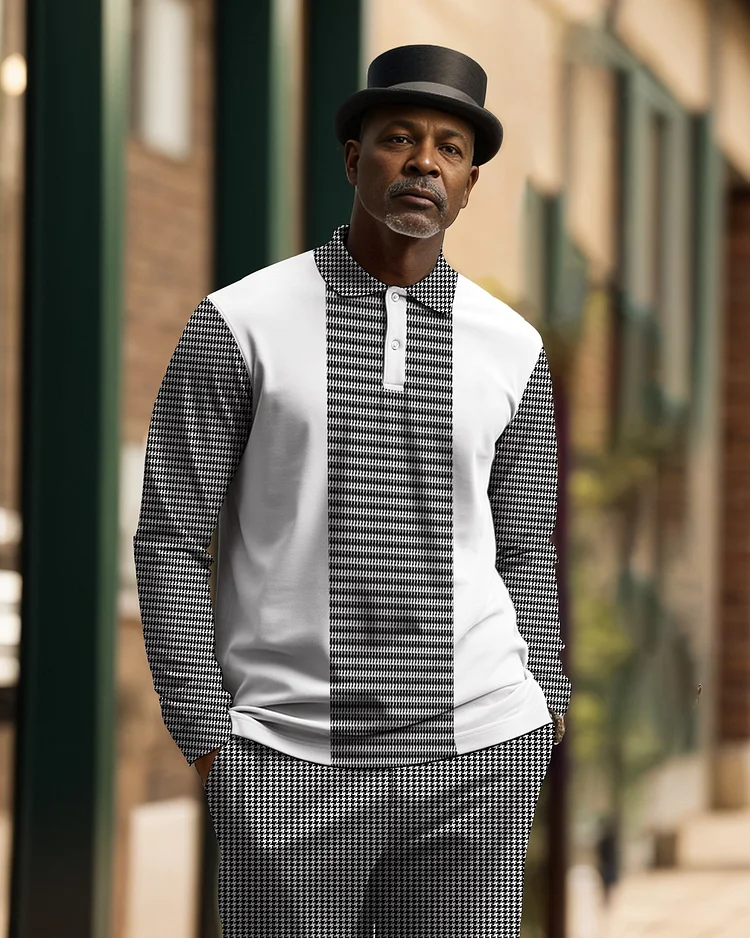 Men's Geometric Plaid Casual Colorblock POLO Shirt Trousers Set 006