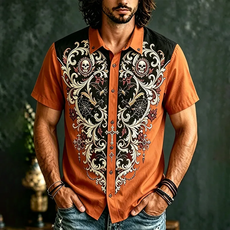 Men's Gothic Halloween Plant And Skull Combo Short-sleeve Shirt artswardrobe