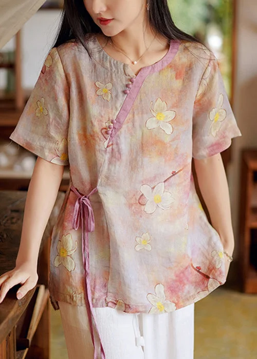New Pink Print Low High Design Patchwork Linen Shirt Summer