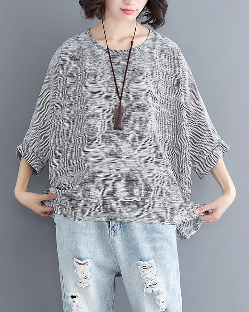 Stripe Pattern Bat Wing Sleeve Round Neck Loose Top