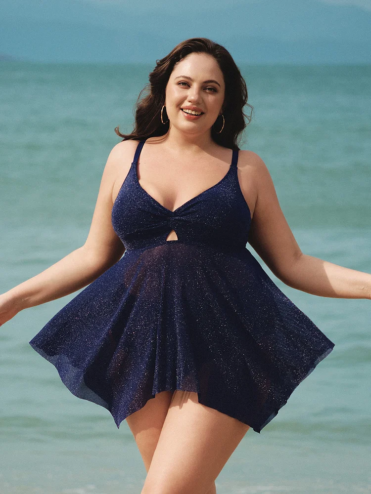 Blue Glitter Plus Size Tankini Top