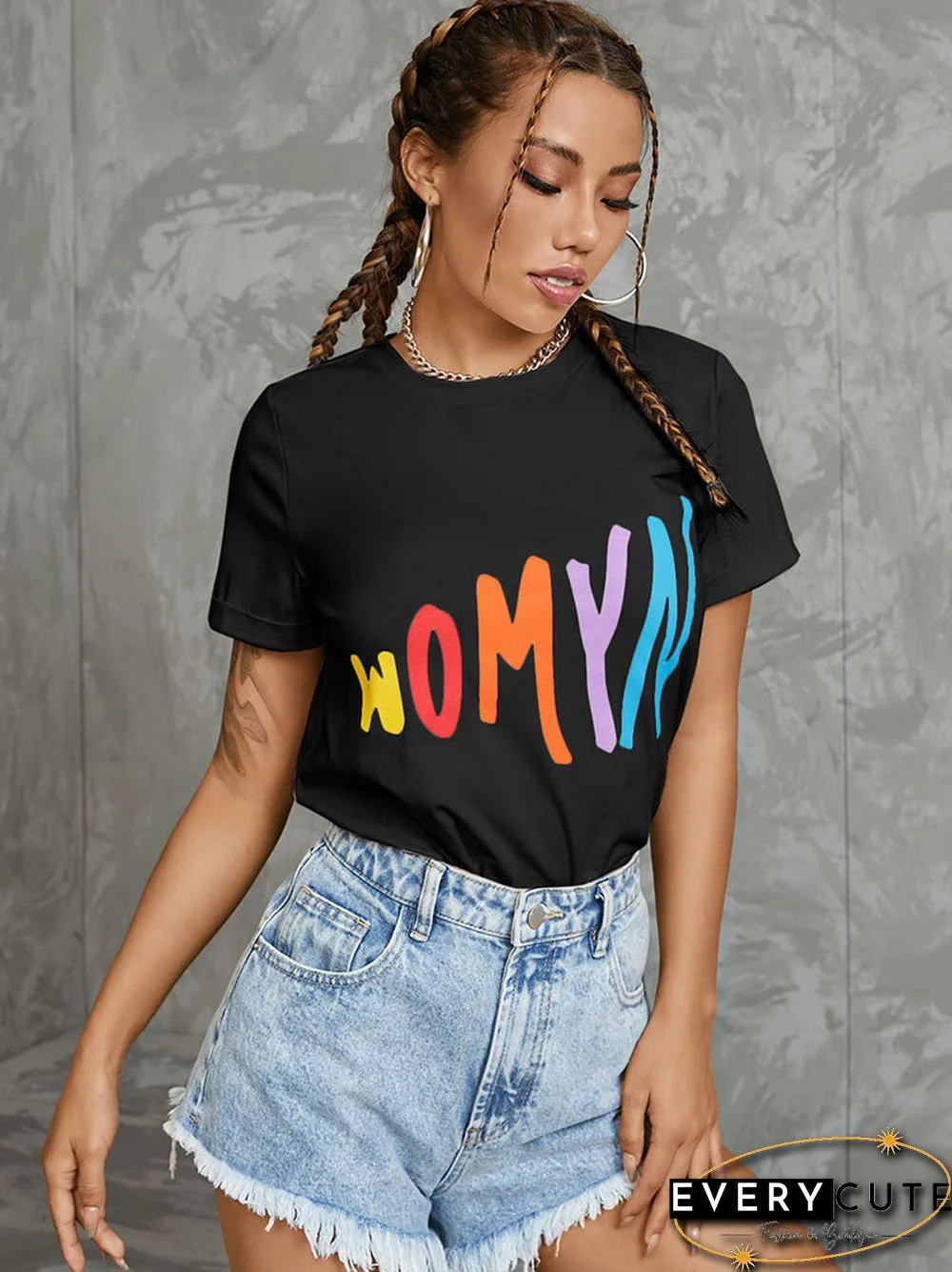 Multicolor Letters Graphic Short Sleeve Crew Neck T-shirt