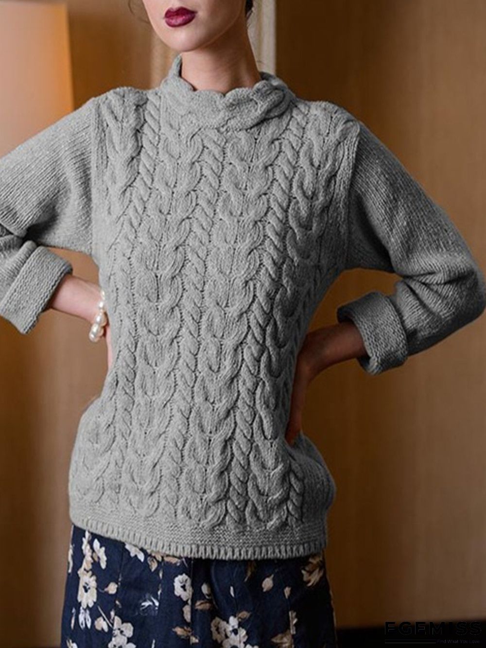Blue Knitted Long Sleeve plus size Sweater | EGEMISS