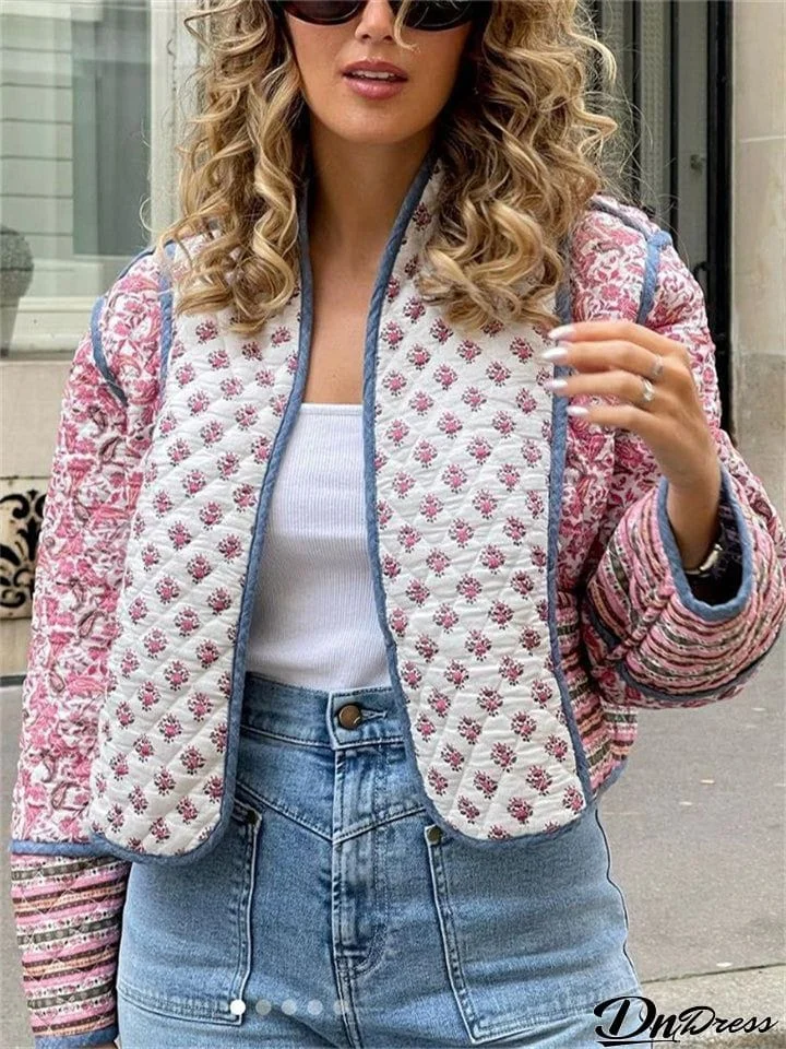 Vintage Pink Paisley Print Cardigan Padded Coat for Lady