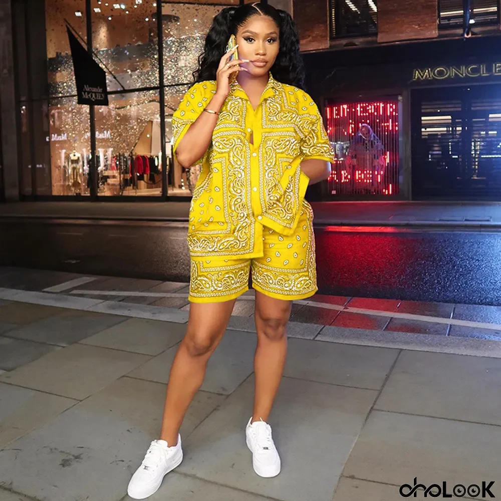 Paisley Print Shirt Top And Shorts 2 Piece Sets