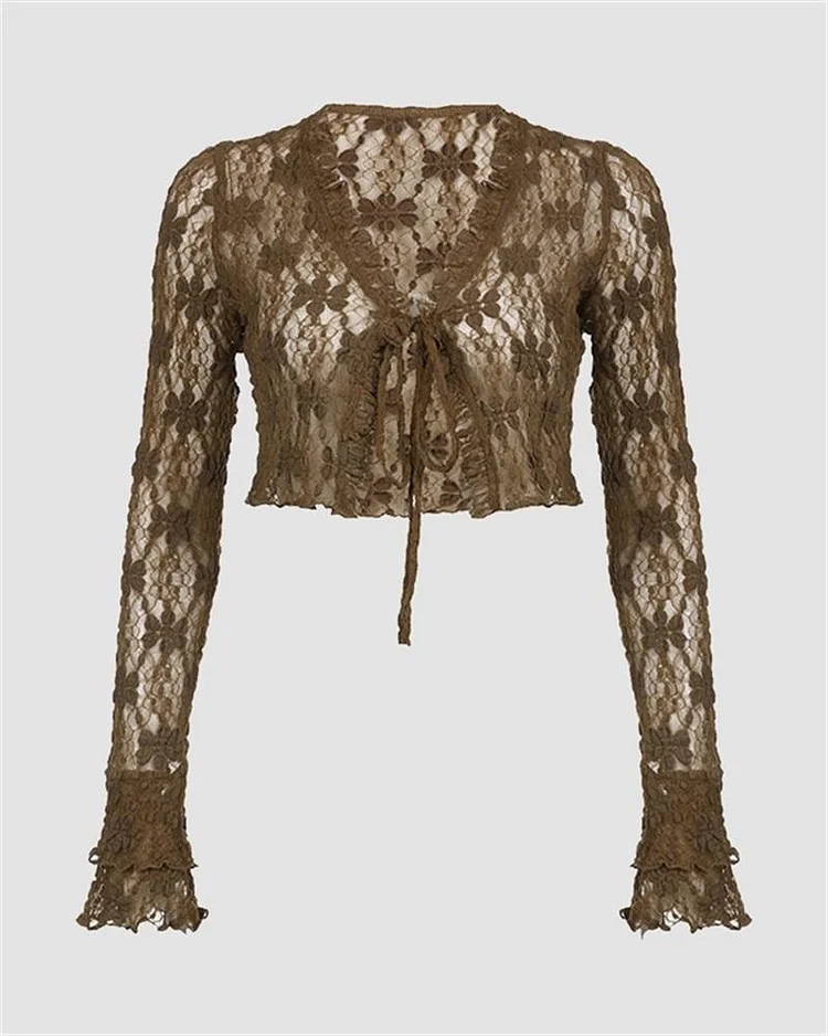 Brown Heart Flowers Lace Cardigan
