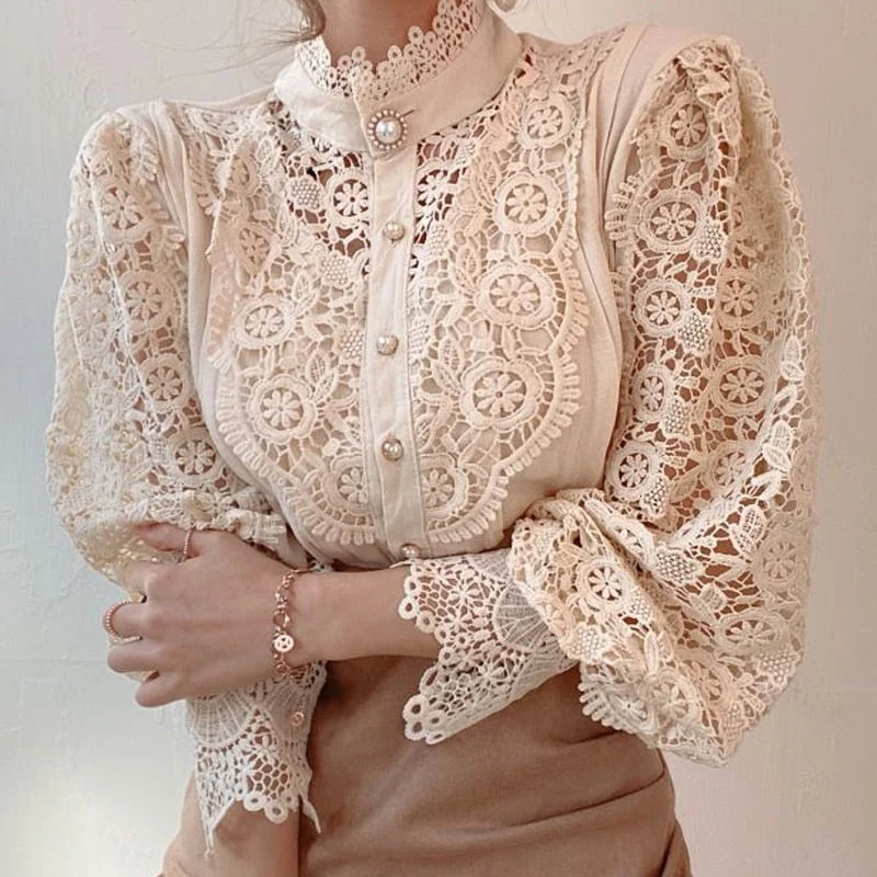 New 2021 Sweet Hollow Out Lace Patchwork Women Blouse Chic Button White Top Petal Sleeve Flower Stand Collar Shirt Blusas 12419