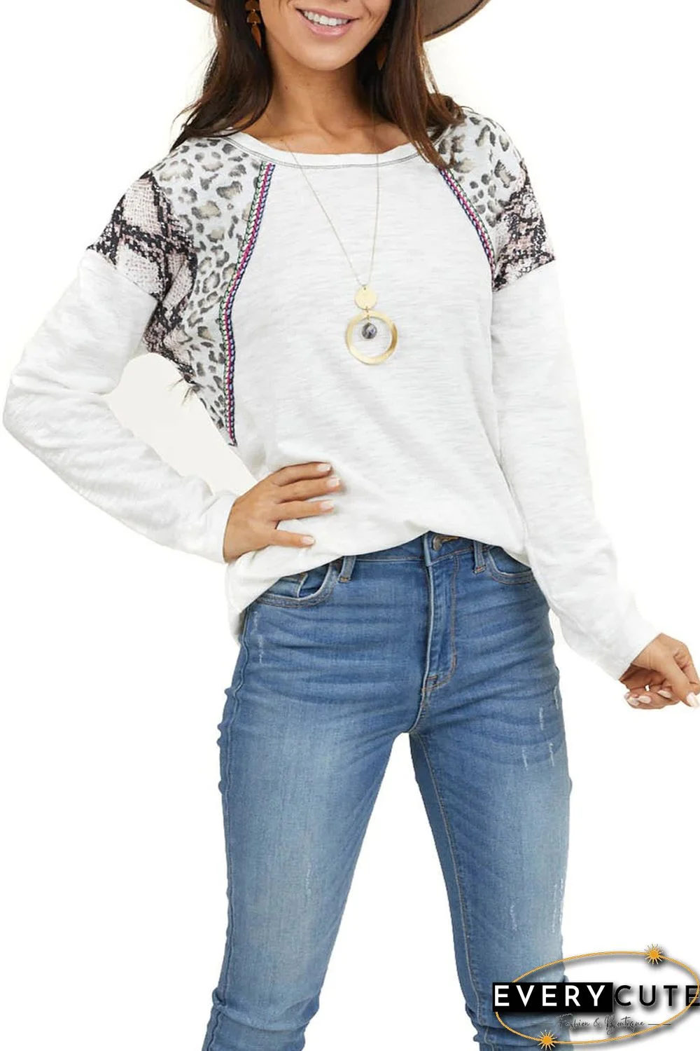 White Long Sleeve Top With Leopard Snakeskin Print