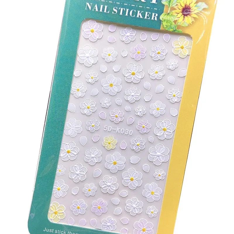 White Embossed Flower Lace 5D Sticker Decals Leaf Geometry French Curve Design For Manicure Sliders Acrylic Engraved Sliders
