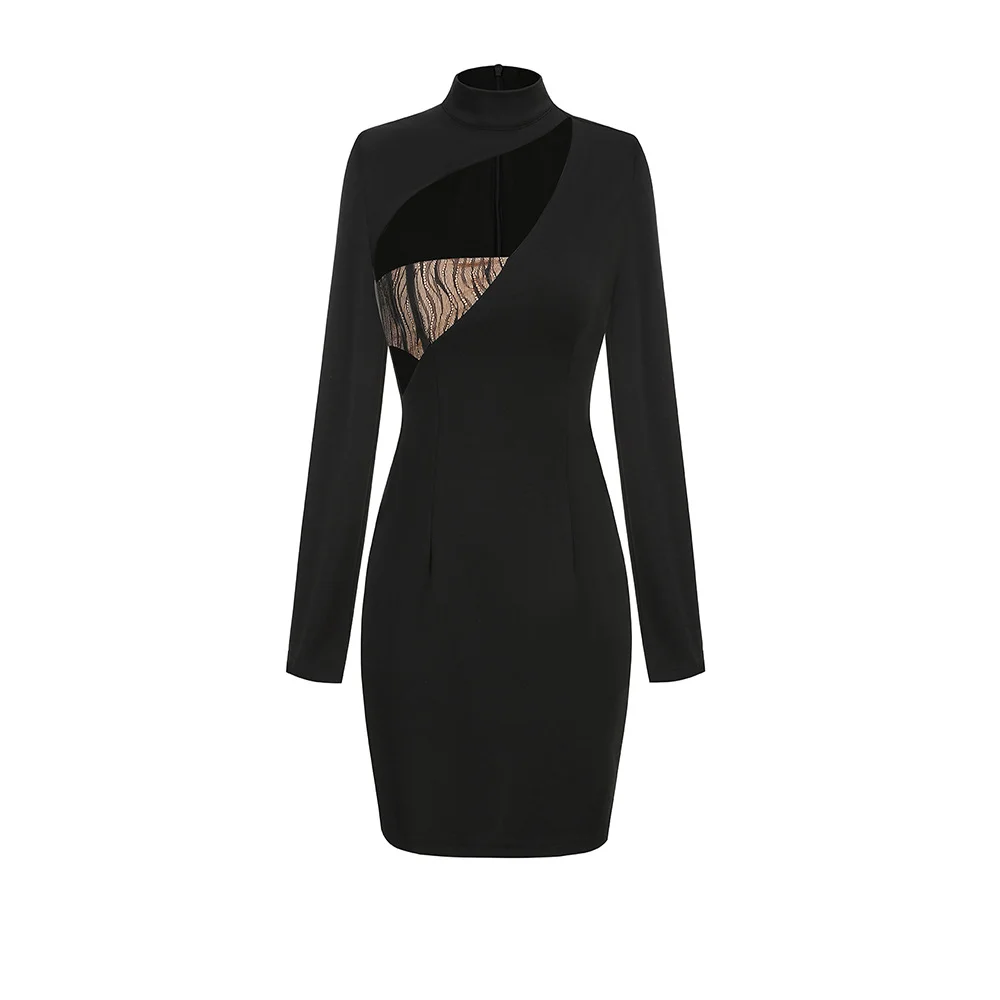 Brownm High-End Women's Sexy Hollow Splicing Long-Sleeved Dress Black Body-Body-Clawed Ass Banquet Dress