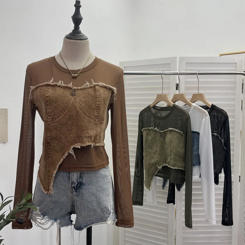 Churchf Design Feel Niche Cowboy Splicing Long-Sleeved Mesh T-Shirt Girl Summer Round Collar Dress Short Top 2617