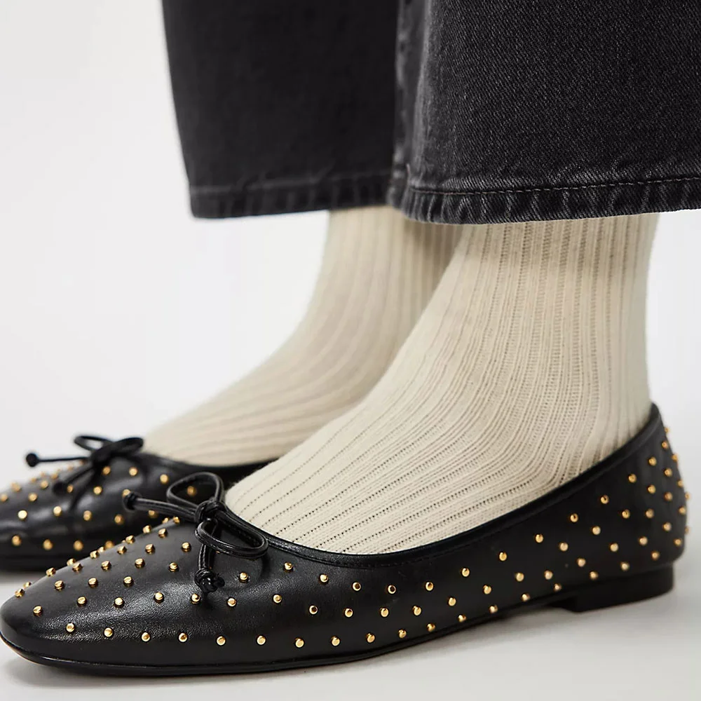 Black Square Toe Gold Studs Embellished Bow Flat Shoes for Women