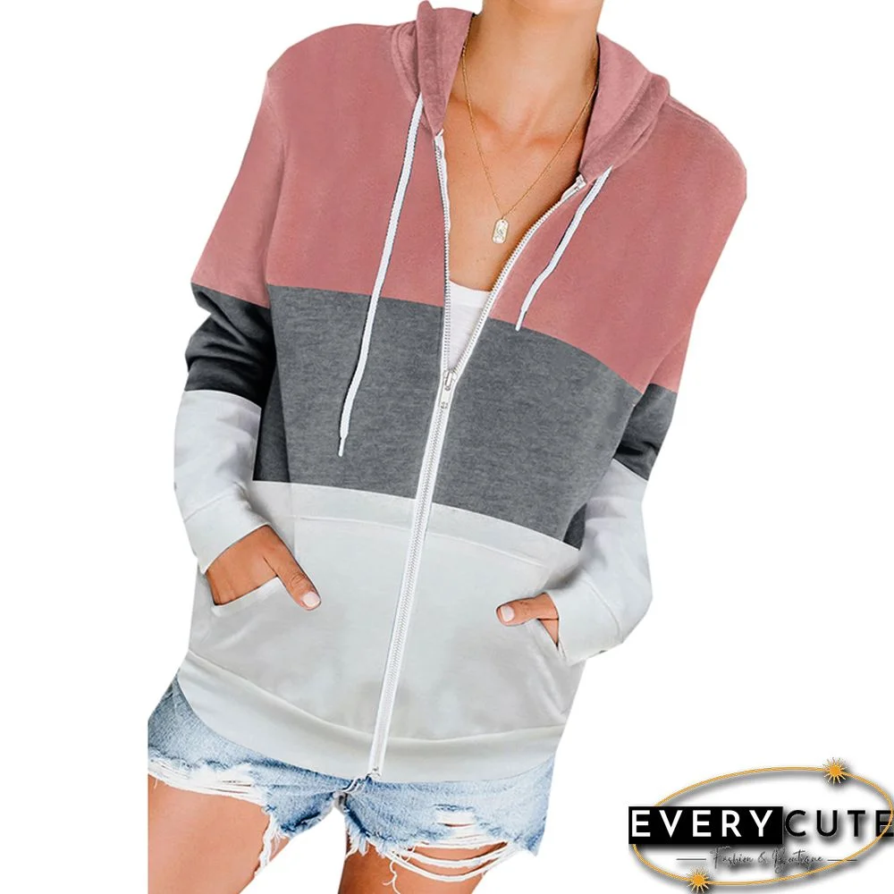 Pink Color Block Zip Kangaroo Pocket Hoodie