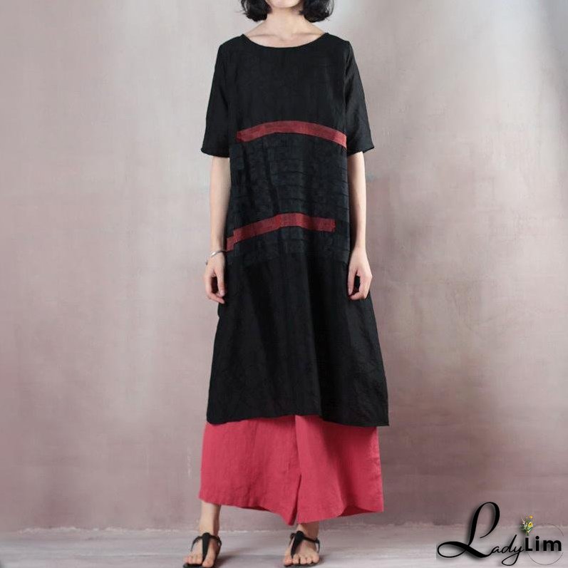 Summer Round Neck Patch Work Stripe Black Dress