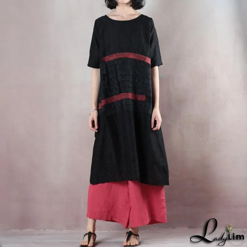 Summer Round Neck Patch Work Stripe Black Dress