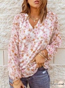 Feifei Floral Chiffon Printed Round Neck Shirt For Women