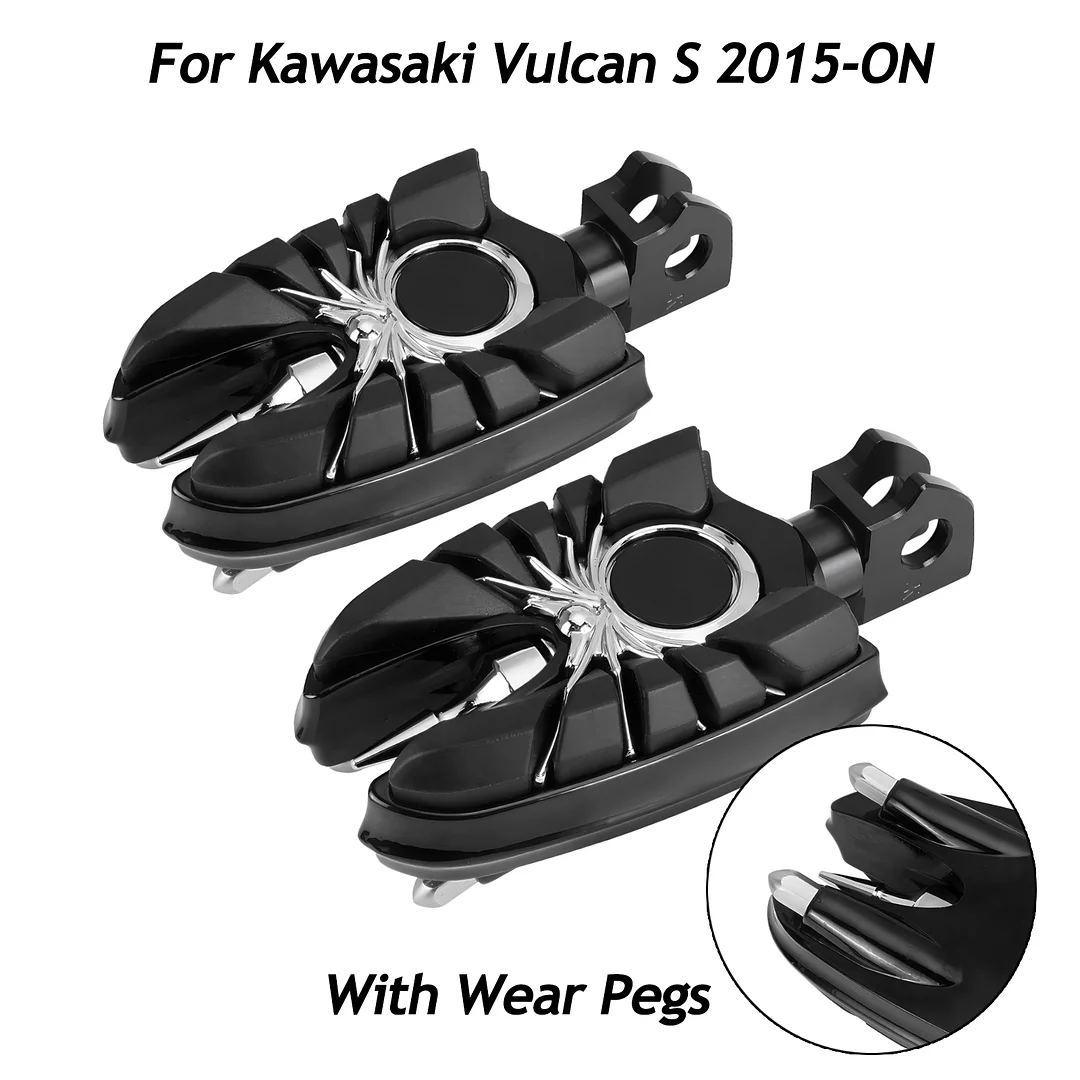 Wide Footpegs For Kawasaki Vulcan S EN650 2015-2023 w/Wear Pegs Rubber Inlays