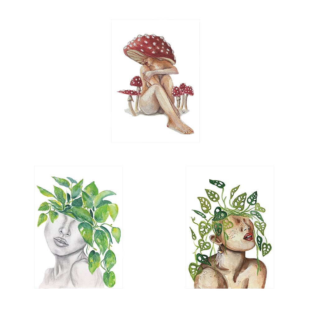 Modern Mushroom Girl Canvas Woman Watercolor Painting Wall Art Picture Nordic Nature Lover Print and Posters For Room Home Decor