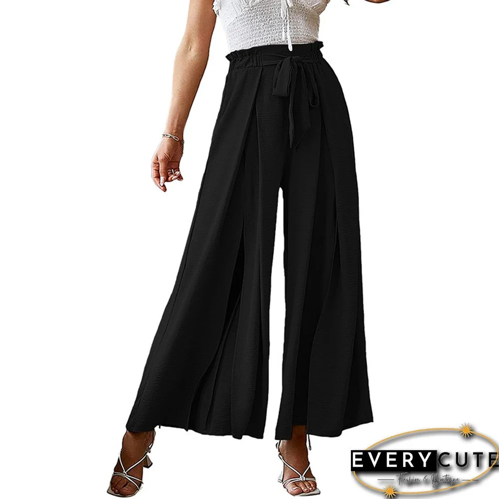 Black Pleated Bowknot High Waist Wide Leg Pants