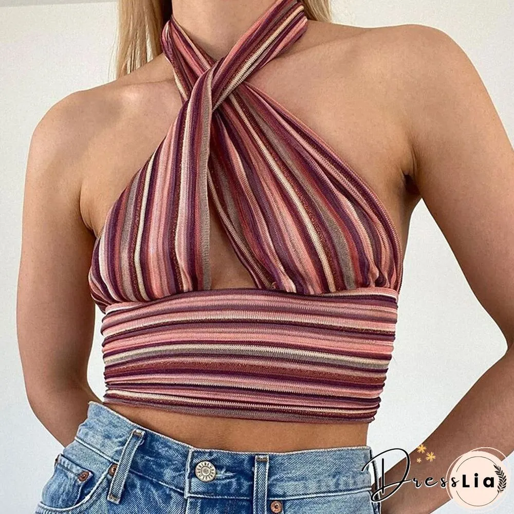 Cotton Patchwork Hollow Out Knit Crop Top Women Halter Neck Summer Sleeveless Backless