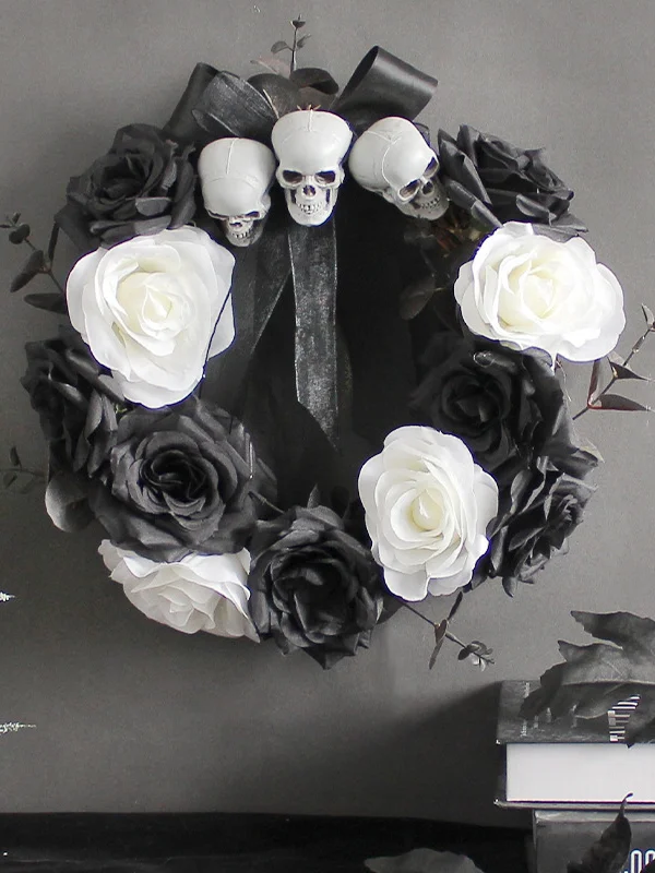 Halloween Black & White Rose Decoration Skull Door Hangers