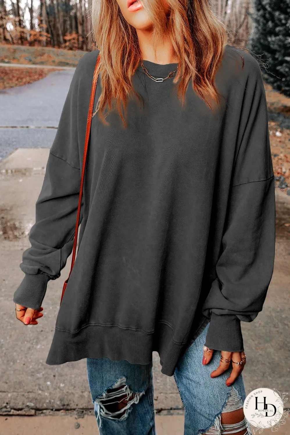 Dropped Shoulder Round Neck Long Sleeve Blouse