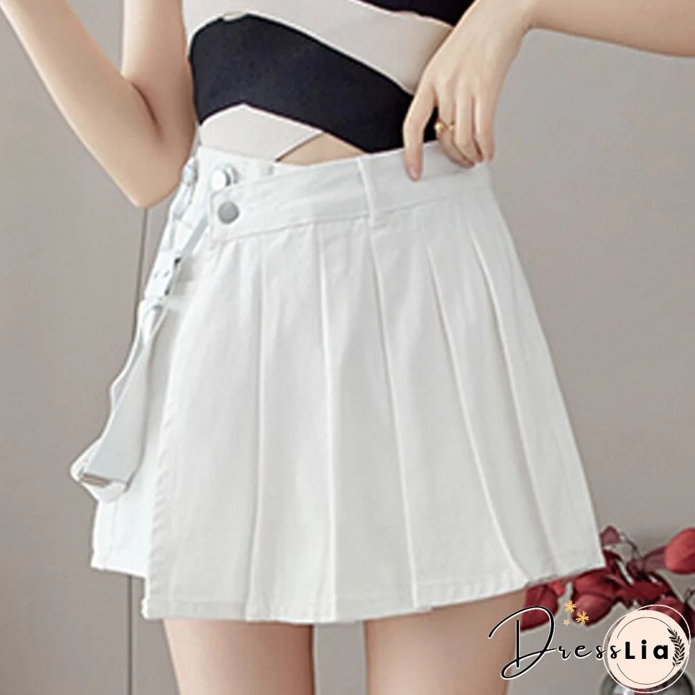 Summer Korean Fashion Design Shoulder Strap Pleated Skirt Women High Waist A Line Mini Skirts All Match Casual Skirts New