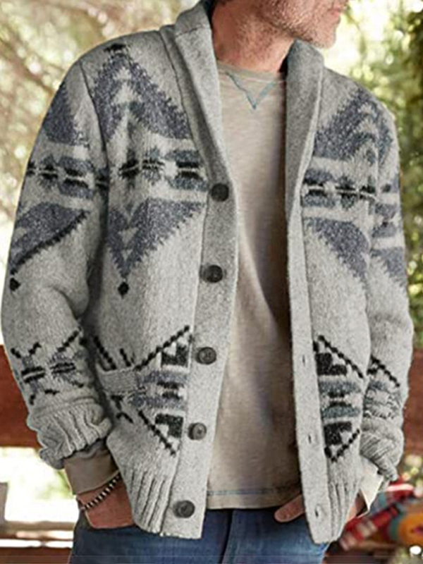 Mature Men's Sweater Ethnic Pattern Knit Cardigan 