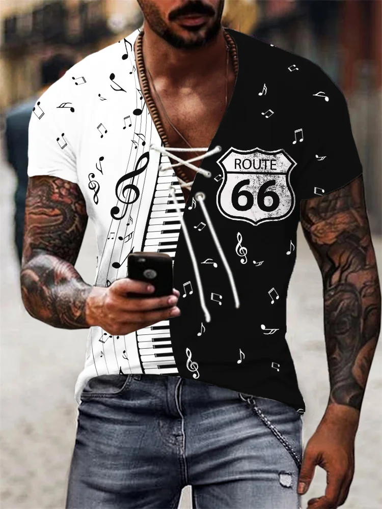 BrosWear Men's Route 66 Music Notes Contrast Color Lace Up T Shirt