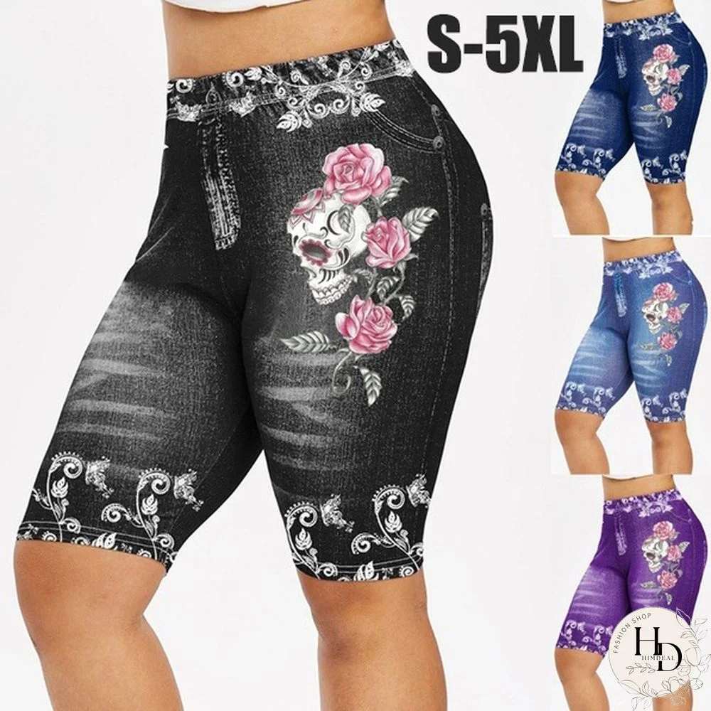 Casual shorts for women New Women Fashion S-5XL Skinny Skull Flower Print Casual Jeggings Yoga Leggings Faux 3D Denim Jean Shorts Pants Plus Size