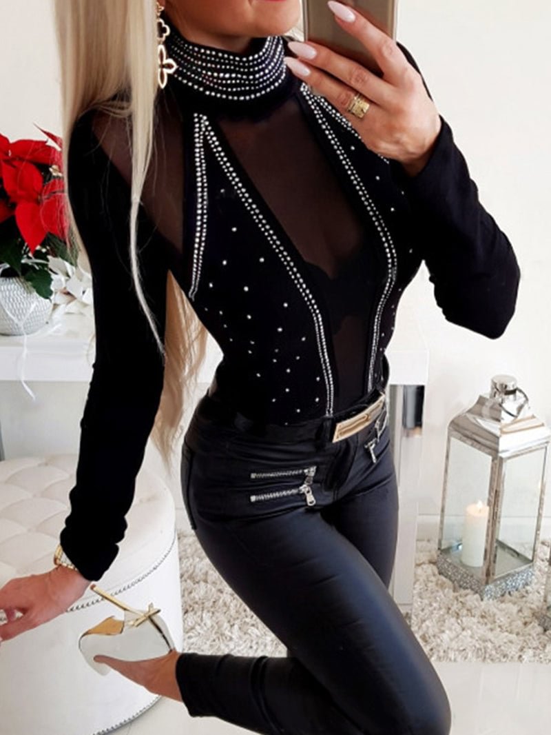 Sexy Rhinestone Semi Sheer Top