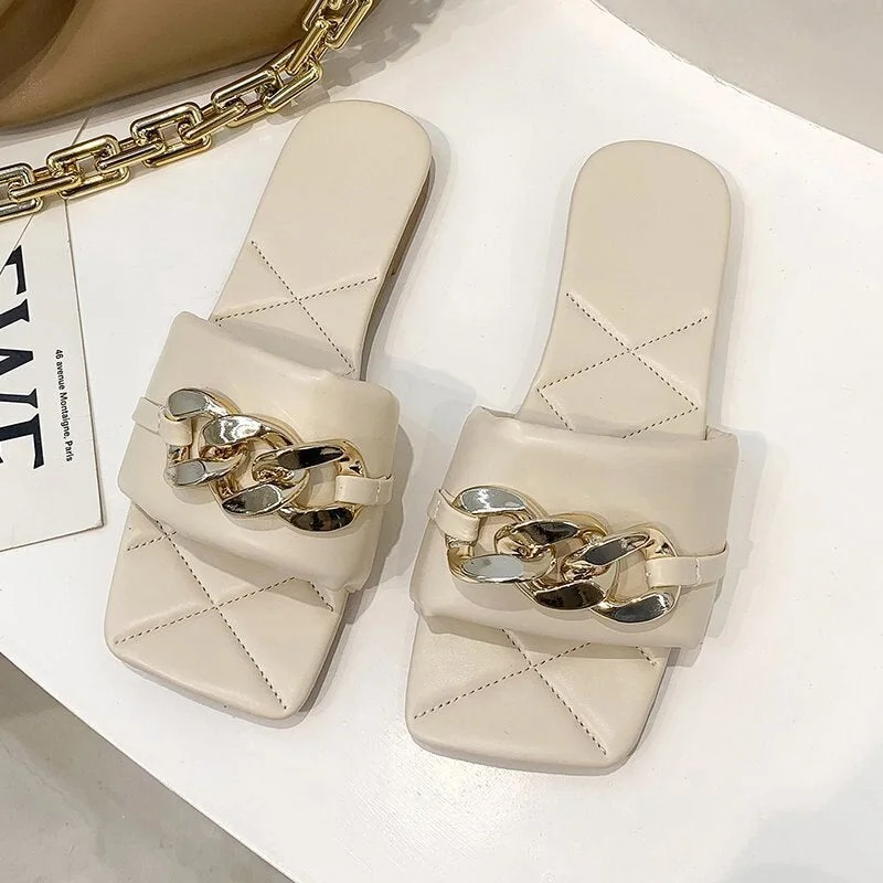 Women Slippers High Heels Chain PU Square Toe Fashion Woman Pumps Summer Sandals Outdoor Comfort Ladies Footwear New 2021