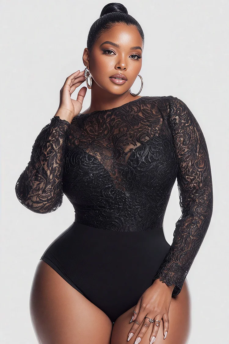Xpluswear Design Plus Size Party Black Round Neck Long Sleeve Contrast See Through Lace Bodysuits [Pre-Order]