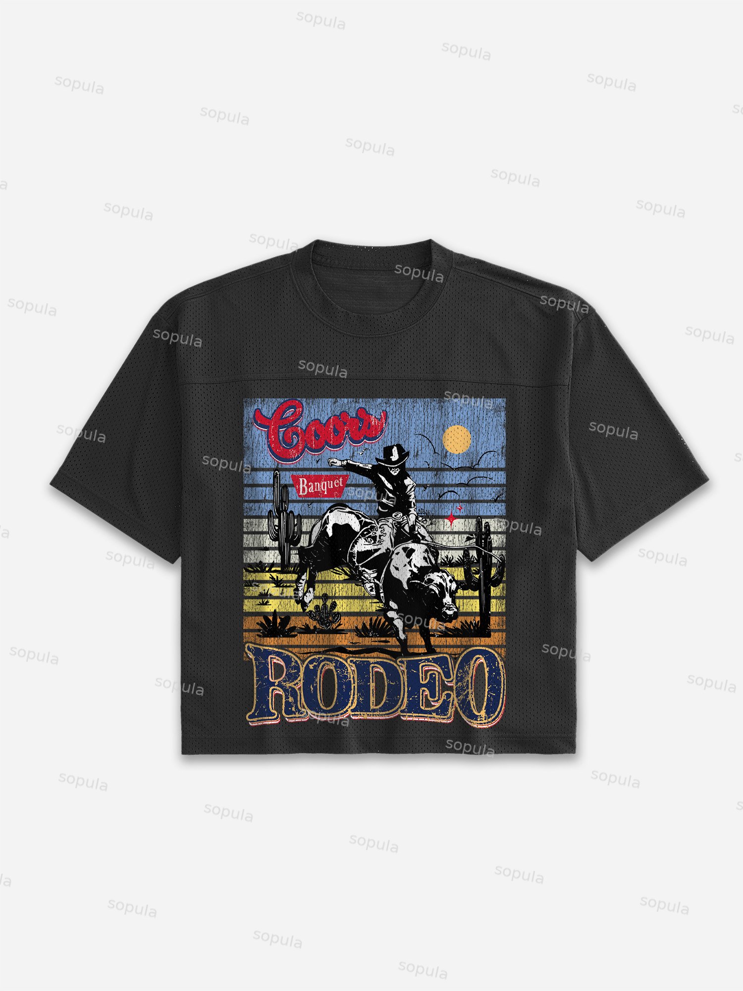 Coors Banquet Rodeo Classic Graphic Mesh Cropped Jersey T-shirt - Sopula｜Premium Graphic Tees & Graphic Clothing