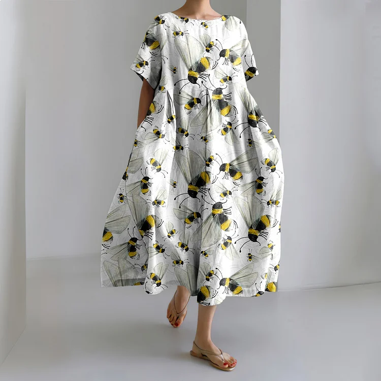 Bee Print Crew Neck Short Sleeve Midi Dress