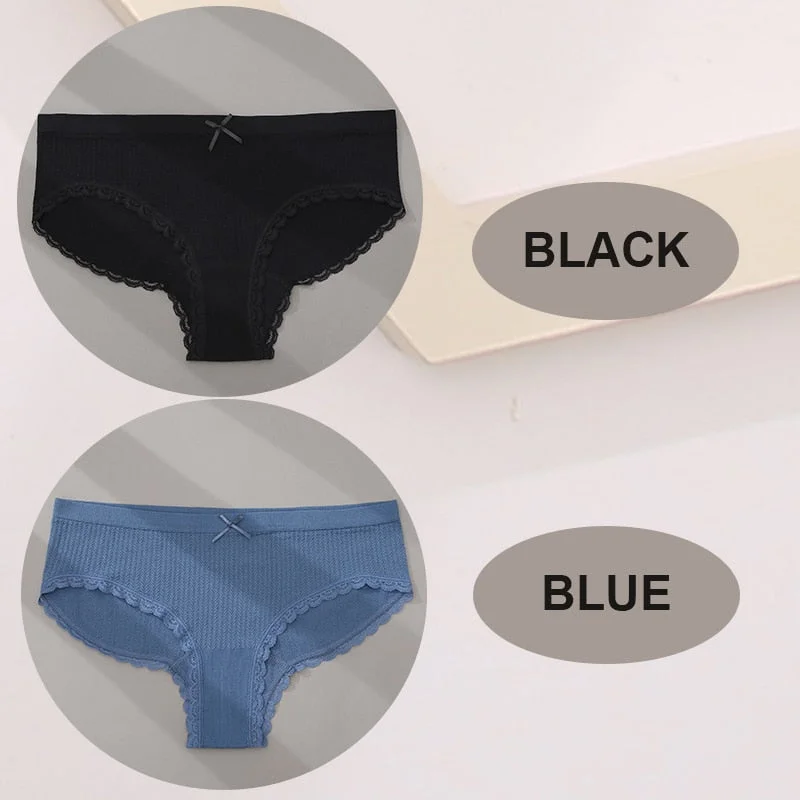 FINETOO 2PCS/Set M-2XL Women Seamless Sexy Panties Cute Bownot 6 Solid Color Girl Underwear Briefs Lingerie Underpant Lace Panty