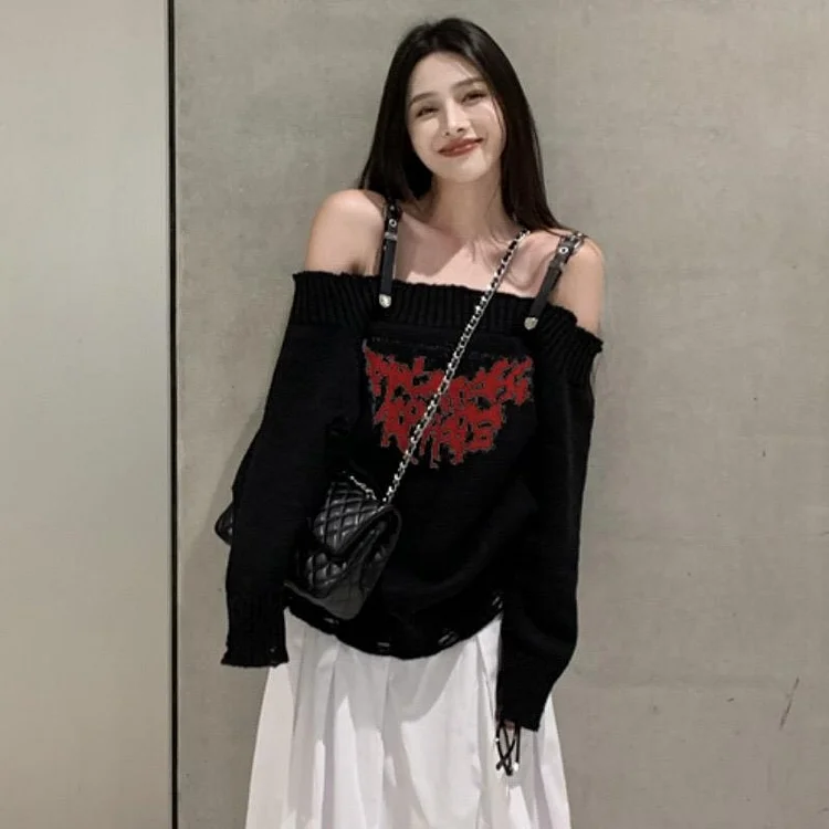 boyshy Autumn Winter Patchwork Long Sleeved Versatile Knit Tops Women Off Shoulder Loose Short Sweater Fashion Popular Streetwear Trend