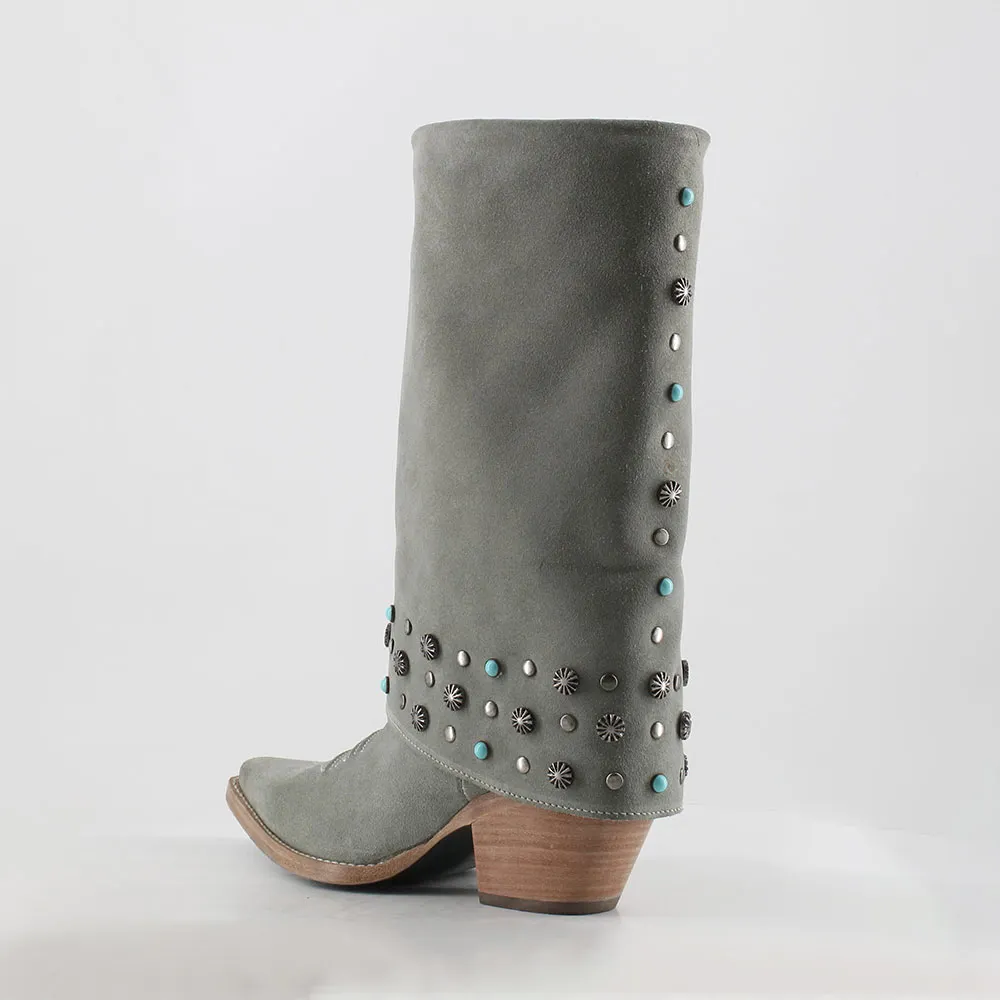 Chic Grey Snip Toe Fold Over Studded Western Boots for Women