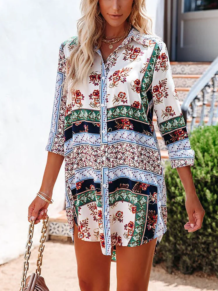 Women's Colorful 3/4 Sleeve Graphic Buttons Mini Dress