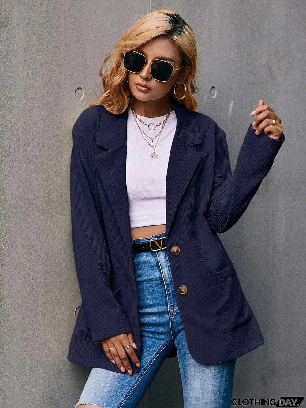 Corduroy Long Sleeve Longline Blazer with Pockets