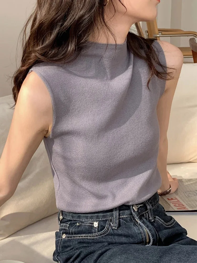 Brownm Knitted Top Summer Turtleneck Tank top Women camisole Blouse Sleeveless Slim Top Female sleveless t-shirt Vest Casual Camis