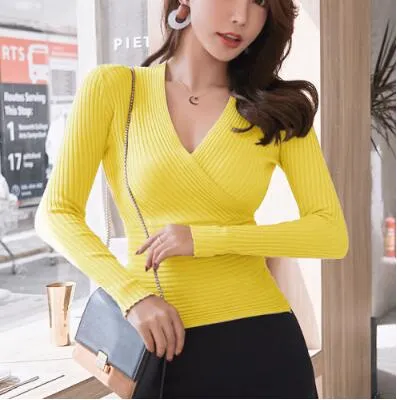 2020 New Sexy Deep V Neck Sweater Women's Pullover Casual Slim Bottoming Sweaters Female Elastic Cotton Long Sleeve Tops Femme